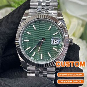 Reloj Mecánico Automático de Alta Calidad con Correa de Acero Inoxidable Plateada y Esfera Verde, Reloj de Pulsera con Calendario al por Mayor - Product Image 1