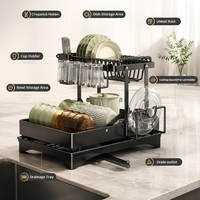 Égouttoir à vaisselle pliable à 2 niveaux OEM avec plateau de récupération, planche à découper et porte-gobelets, égouttoir de cuisine en acier carbone pour évier et comptoir