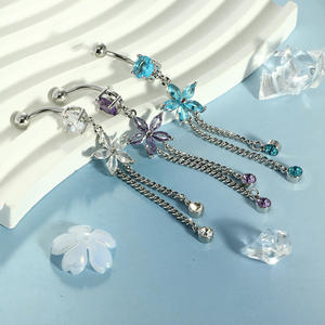 Bijou de <span class=keywords><strong>piercing</strong></span> pour femme, anneau de nombril en cuivre plaqué or, micro-incrustation de zircon coloré, motif fleur et pampille - Product Image 4