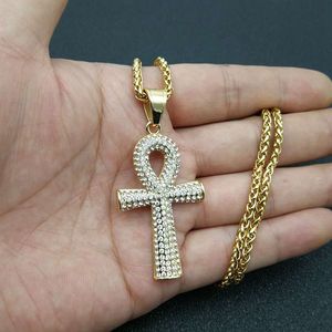 Egyptian Ankh Pendant Necklace Gold Stainless Steel Pave Setting <b>Cross</b> Charm Unisex Hip Hop Fashion Jewelry Gift - Product Image 5