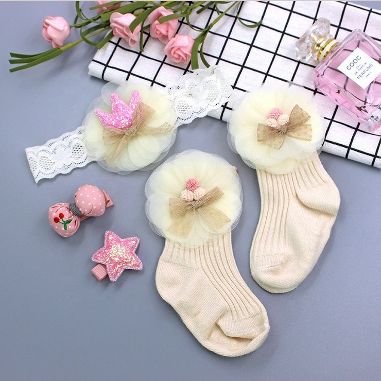Кружевные детские носки с бантиком, подарочный набор и набор повязок на голову, подарочная коробка