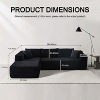 Canapé modulaire de luxe compressé en velours côtelé noir en forme de L avec chaise longue pour salon