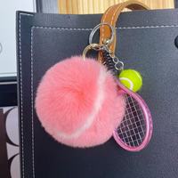 Porte-clés sportif mignon en forme de balle de tennis, mini-chaîne de raquette de tennis, pendentif pompon moelleux pour sac, sac à main, décoration de voiture