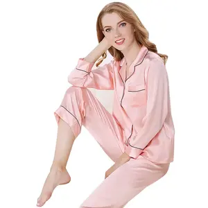 2023 OEM femmes 100% pure soie vêtements de nuit costume Satin haut et pantalon avec solide manches longues ODM dames vêtements de nuit pour un usage domestique - Product Image 6