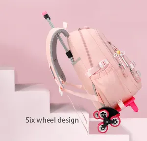 ファッション子供かわいいトロリーバックパック女の子のための子供ピンクのランドセル6輪大容量mochilas con ruedas ninos