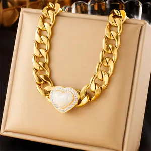 Punk high touch gold plated stainless steel chain diamond pearl love accessory necklace jewellery design service N2404294