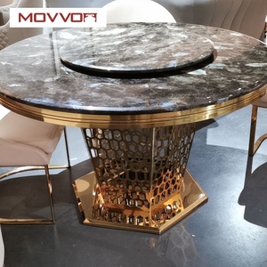 Plateau <span class=keywords><strong>en</strong></span> marbre rond double épaisseur de luxe et table à manger avec plateau pivotant <span class=keywords><strong>en</strong></span> acier inoxydable à base dorée - Product Image 4