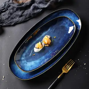 Assiettes de service de riz en porcelaine, assiettes à poisson en céramique de glaçure réactive pour restaurants