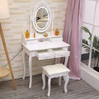 Table de toilette moderne minimaliste en bois massif avec miroir, coiffeuse de style européen avec éclairage et cinq tiroirs, table de toilette pour chambre à coucher