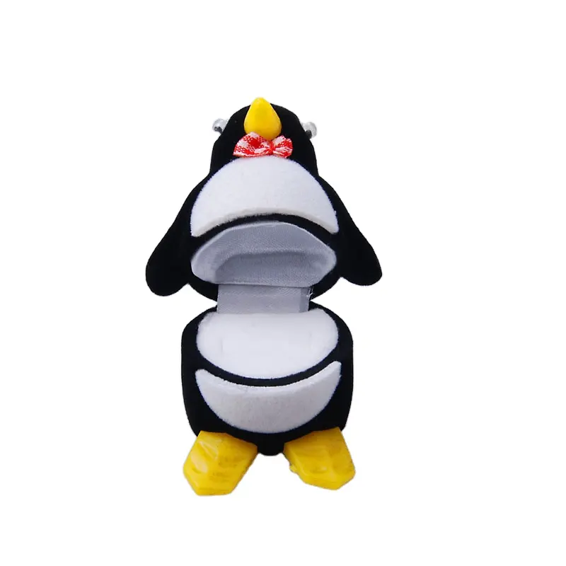 Оптовая продажа, шкатулка для ювелирных изделий в форме пингвина, милый бархатный маленький чехол для колец с животными, черная круглая упаковка для колец