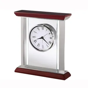 Noble Glass Clock Red Wooden Base Metal Pillar Business Gift Customized Logo Office Decoration Trophy Award Craft Tabletop Clock