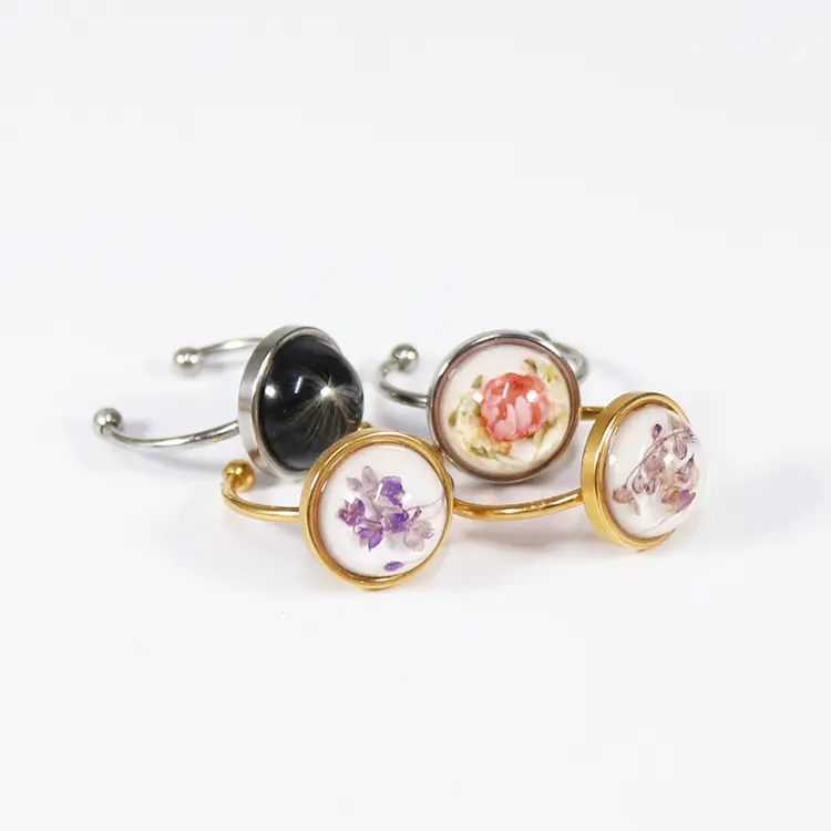 12mm Vintage Simple Stainless Steel Dried Flower Rings Jewelry Gold Elegant Resin Rings