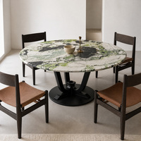 Table d'appoint en marbre de jade Qinglan, table d'appoint ronde en pierre naturelle avec base en acier inoxydable foncé, mobilier d'intérieur de luxe pour villa