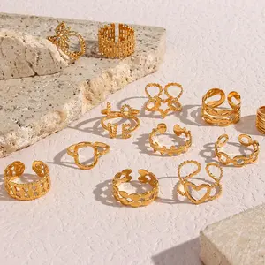 Grosir Set Cincin Dapat Disesuaikan Baja Tahan Karat 18K Perhiasan Berlapis Emas Zirkon Bertatahkan Cincin Terbuka