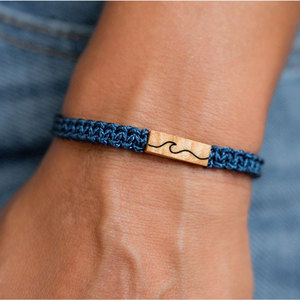Fresh Blue Green Nylon Cord Woven Bracelet Minimalist <b>Engraved</b> Waves Pattern Rectangular Wooden Block Charm Bracelets for Men - Product Image 1