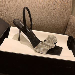 Fashionable Women's Pumps New Summer Style Black High Heels Pointed <b>Toe</b> Slip-On Square Heel 7cm Height. Decorated Rhinestones - Product Image 3