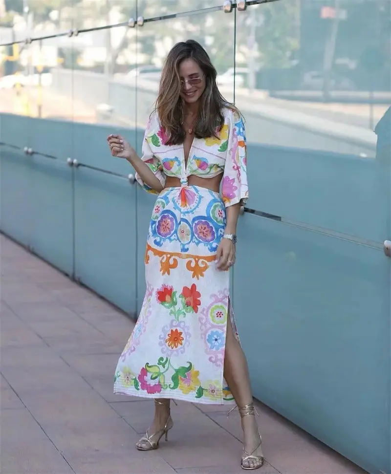 2022 Women half sleeves fashion casual linen flower printed dresses soft comfortable summer autumn dress for women