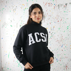 ACSC BLACK <b>Mock</b> <b>Neck</b> Sweatshirt 100% Cotton WHITE Applique Embroidery wide <b>neck</b> Sweatshirt Finer Threads - Product Image 1