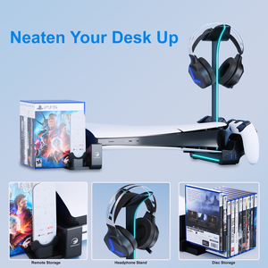 แท่นวางเครื่องเล่นเกม PS5 แบบแนวนอน Honcam พร้อมแท่นชาร์จในตัว ที่เก็บกล่องเกม ที่วางหูฟัง และที่วางรีโมทสำหรับ Playstation 5 PS5 Slim - Product Image 2