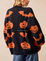 Cardigan en tricot jacquard surdimensionné à col en V et devant ouvert pour femme, motif citrouille et chauve-souris, manches longues, décontracté, pour l'automne, taille personnalisée et grandes tailles