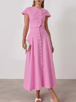 Ensemble deux pièces décontracté rose uni pour femme, été, haut court à manches courtes boutonné, jupe midi évasée, tenue de fête élégante vintage