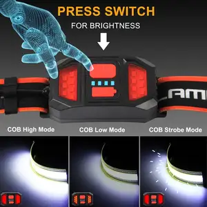 كشافات أمامية COB LED خفيفة الوزن قابلة للشحن USB ومقاومة للماء مع شعاع 230 واسع كشاف خلفي أحمر للتخييم والجري والتنزه