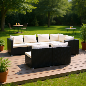 Ensemble de salon de jardin en rotin noir et crème, acier thermolaqué, sièges en plastique durable avec coussins, mobilier d'extérieur pour 7 personnes - Product Image 2