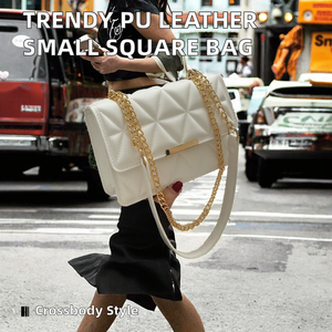 Trendy Hot Selling Waterproof Textured PU <b>Leather</b> Women's Cross-Body Shoulder <b>Bag</b> Chain Polyester Lining <b>Small</b> Square Design - Product Image 2