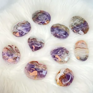 Fanshi Hot Sale Polished Natural Amethyst Agate Palm Stone Crystal Band Feng Shui Flat Stone Home Decor Carved Mexico Agate