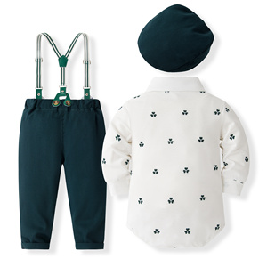 Catpapa Vente en gros Ensemble de cérémonie 4 pièces pour bébés garçons, comprenant Body imprimé trèfle, Pantalon à bretelles vert foncé, Nœud papillon et <span class=keywords><strong>Béret</strong></span>, pour Baptême - Product Image 2