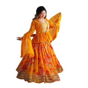Lehenga Choli indien à imprimé floral orange avec dupatta brodé, tenue de mariage traditionnelle pour femmes - Product Image 1