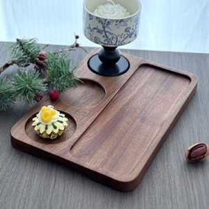 Bandeja de servir de madera con 3 compartimentos, color oscuro, madera maciza para el hogar, restaurante, té y aperitivos - Product Image 1