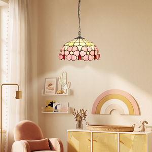 โคมไฟระย้าแก้วแขวนสไตล์โบราณ โมเดิร์น ลายดอกไม้สีชมพู ขนาด 12 นิ้ว สไตล์เรโทร แบบทิฟฟานี่ ไฟ LED แสงวอร์มไวท์ - Product Image 2