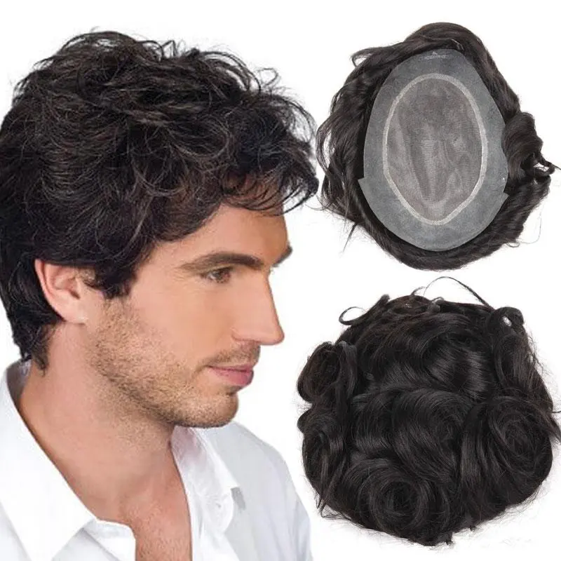 Cheapest indian remy hairpieces manufactures natural black curly wave thin skin permanent mono + pu hair replacement men toupee