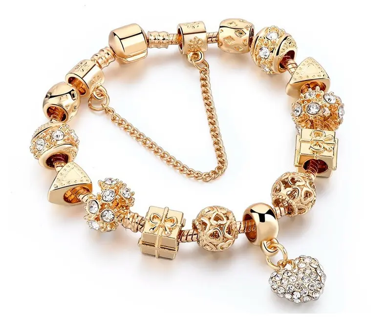VRIUA Jewelry Gold Plated Luxury Multi Charms Beaded Bangle Bracelet Heart Charm Gold Jewelry Bracelets For Lady