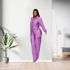 New Design Casual Solid Color Long Sleeve Shirt Two Piece <b>Pants</b> Set Women Fashion - Product Image 5