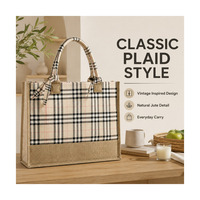 Sac fourre-tout classique à carreaux pour femme, en toile et jute, avec poche intérieure zippée, idéal pour le shopping, les trajets quotidiens et les voyages.
