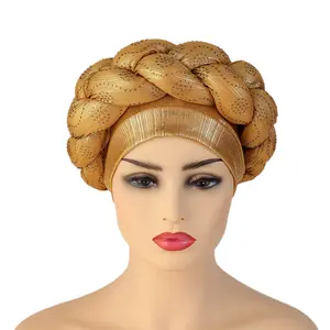 Yeni tasarım kalın örgülü saç afrika şapka islami türban headwraps eşarp güzellik şerit şapka Bling Bling tam taklidi