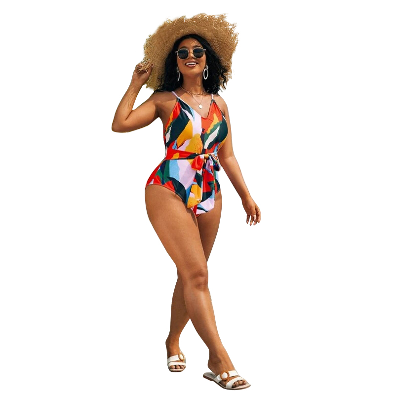2022 New Design DAMO Plus Size Ladies One Piece Swimsuit Colorful Bow Tie Eco Friendly Recycled Nylon Swimwear&Beachwear