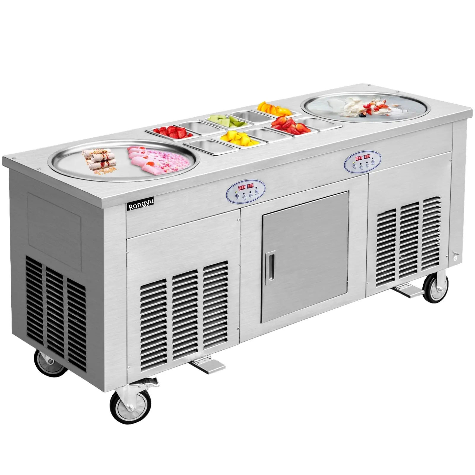 Machine à rouler la crème glacée frite à double casseroles commerciales de 2800w avec 10 seaux en acier inoxydable