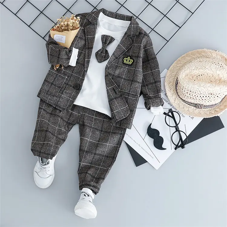 Baby Boy Suit Set Formal Plaid Pattern Kids Jackets Coat and Pant 3 pcs Outfits Spring Autumn Children's Clothes Wholesale