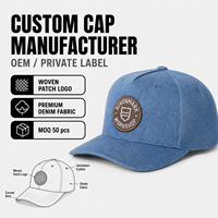 Casquette de baseball structurée à 5 panneaux en jean bleu avec patch tissé, style mode haut de gamme, pour casquettes snapback personnalisées