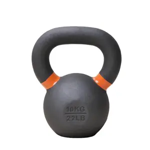 Powder coated cast iron kettlebell with colored bands on handles