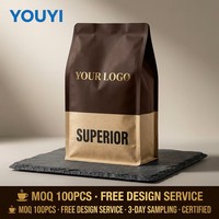 Sachet de café personnalisé robuste et écologique de 250g avec valve et fermeture éclair, fond plat imprimé, pochette en aluminium mat Mylar
