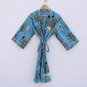 Robe kimono pour femme, imprimé tropical bleu, 100% coton, séchage rapide, respirante, manches longues, style enveloppant, plage et nuit - Product Image 1