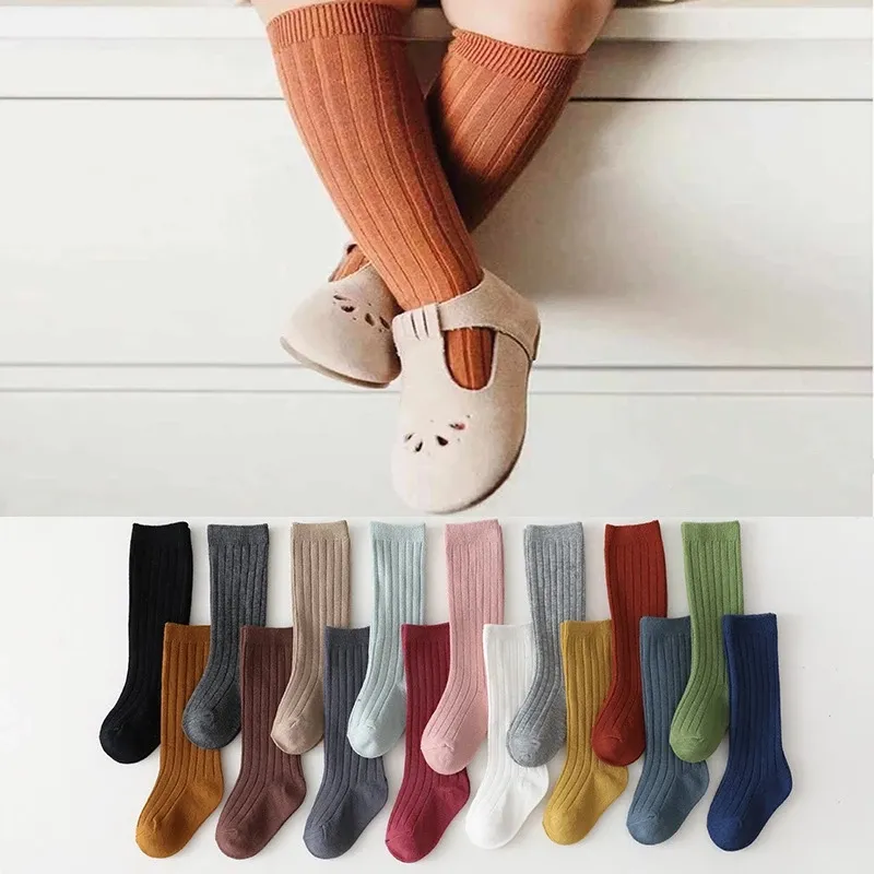 Kaus Kaki Warna Polos untuk Anak Laki-laki Perempuan, Kaus Kaki Seragam Sekolah Setinggi Lutut Lembut Motif Garis Adem Bahan Katun untuk Bayi Laki-laki dan Perempuan