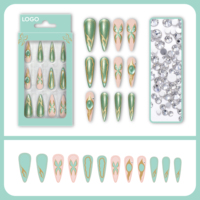 Vente en gros de faux ongles de luxe 3D Stiletto à presser, faits à la main, couleur Teal Gold Metallic Chrome, faux ongles à marque privée, ongles artificiels