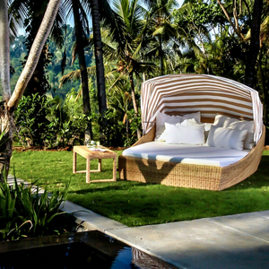 Modern Rattan Sun Lounger With Striped Canopy <b>White</b> <b>Cushions</b> Outdoor Patio Furniture Tropical Design Solid Back Durable - Product Image 1