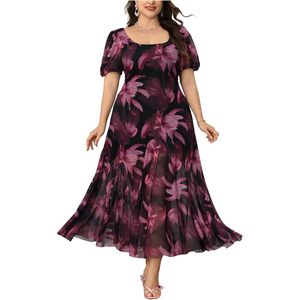 Vestido largo de malla floral de talla grande para mujer, con cuello cuadrado, manga abullonada, línea A, fluido, para cóctel o invitada de boda - Product Image 1
