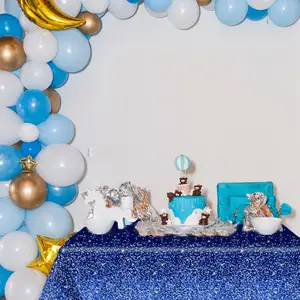 Lacivert ve gümüş masa örtüsü dikdörtgen tek kullanımlık mavi masa örtüsü Sparkle ve elmas parti doğum günü düğün kapalı
